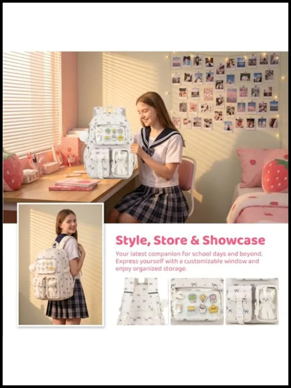 Girls Backpack with Lunch Box Kawaii Bow Corduroy Water Resistant Ita Bag
